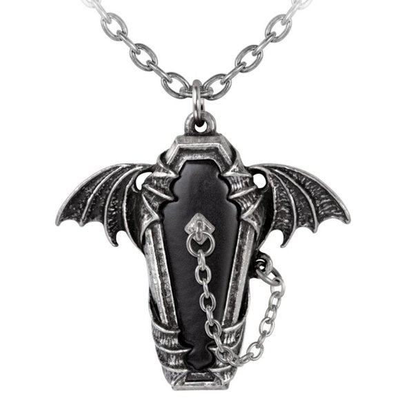 Alchemy Gothic Eternal Sleep Pendant Bat Wing Black Coffin Poker on Chain NWT - Picture 2 of 5